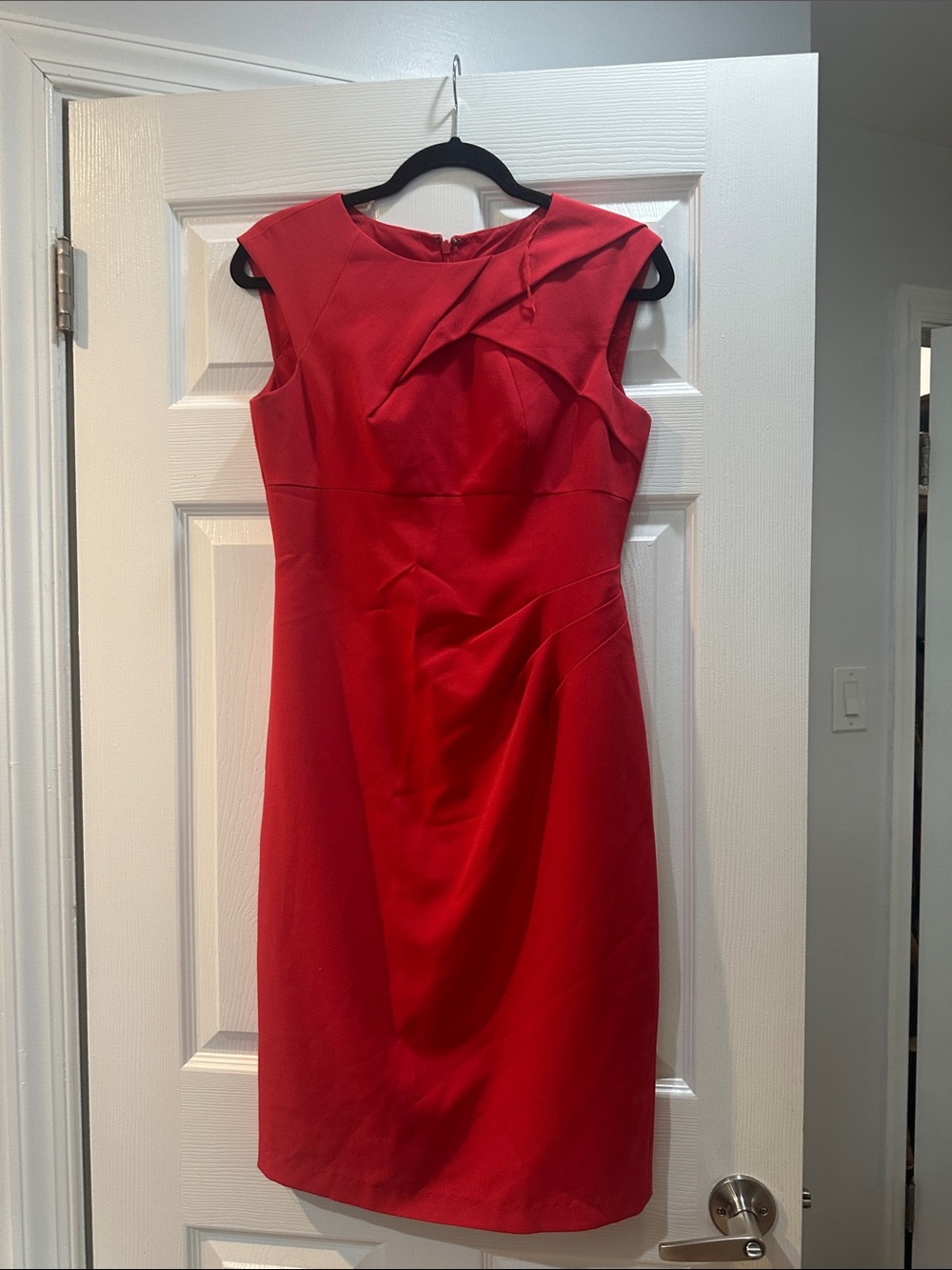 Adrianna Papell Red Sleeveless Midi Sheath Dress with Draped Neck Detail